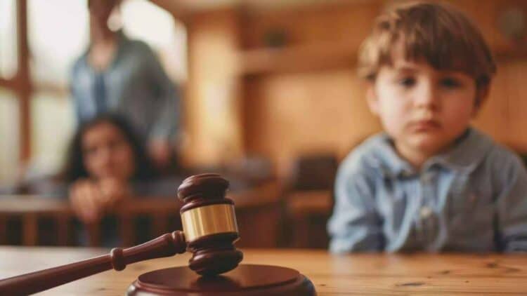 Niño en un tribunal, con un martillo de juez, representando una práctica judicial donde las juezas facilitan la comprensión de las sentencias para los niños.