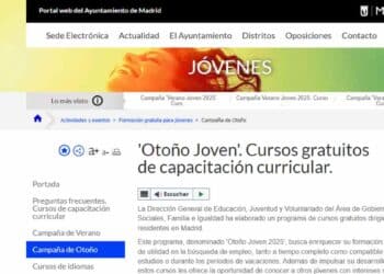 Pantalla del portal del Ayuntamiento de Madrid con el anuncio de los cursos gratuitos “Otoño Joven 2025” para jóvenes.