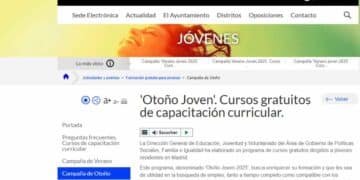 Pantalla del portal del Ayuntamiento de Madrid con el anuncio de los cursos gratuitos “Otoño Joven 2025” para jóvenes.
