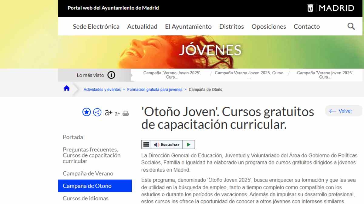 Pantalla del portal del Ayuntamiento de Madrid con el anuncio de los cursos gratuitos “Otoño Joven 2025” para jóvenes.