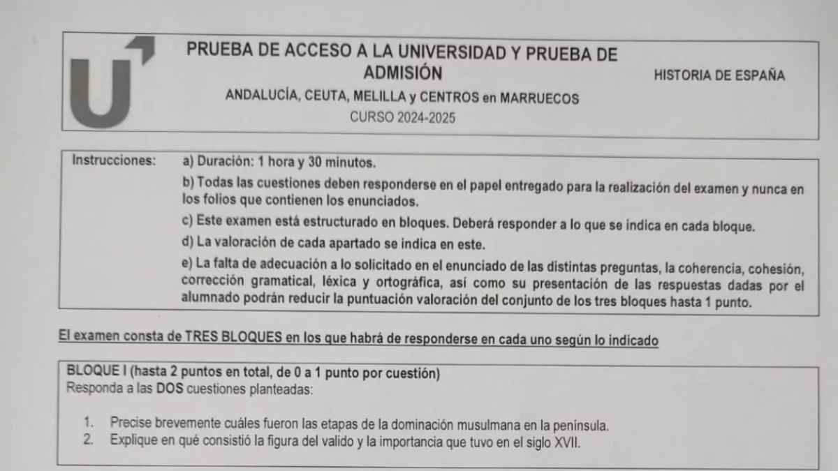 Examen oficial de Historia de España PAU 2024-2025 con instrucciones y bloques de preguntas.