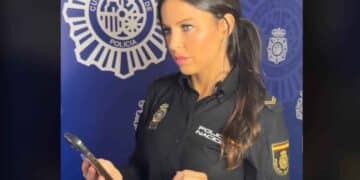 Agente de la Policía Nacional revisa un móvil mientras alerta sobre la estafa telefónica del prefijo exótico.