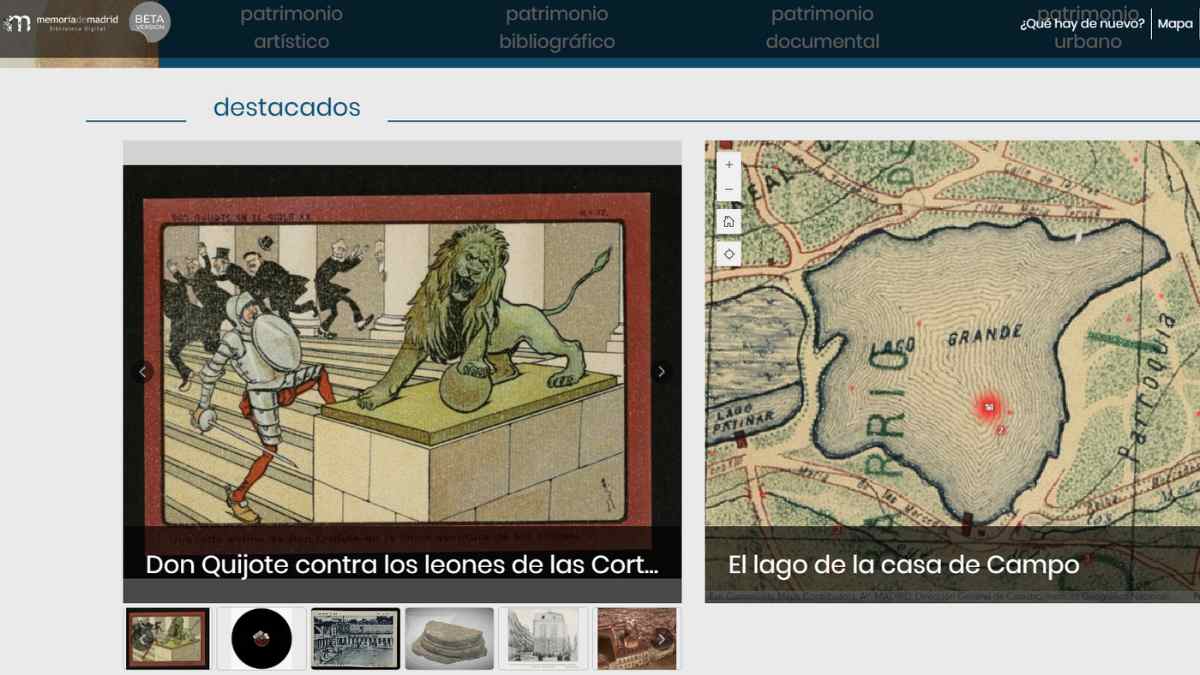 captura portal memoria de madrid con ilustracion don quijote y mapa historico lago casa de campo.
