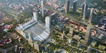 Vista aérea del proyecto Madrid Nuevo Norte con la estación de Chamartín, rascacielos y futuras 184 viviendas asequibles.