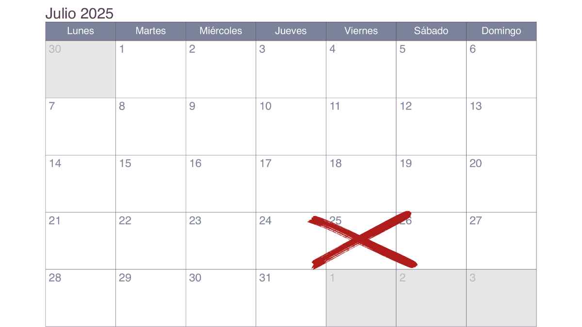 Calendario julio 2025 con festivo del 25 de julio marcado en rojo.
