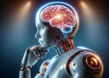 robot pensativo con cerebro digital iluminado que representa la respuesta de la inteligencia artificial autoconsciente.