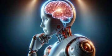 robot pensativo con cerebro digital iluminado que representa la respuesta de la inteligencia artificial autoconsciente.
