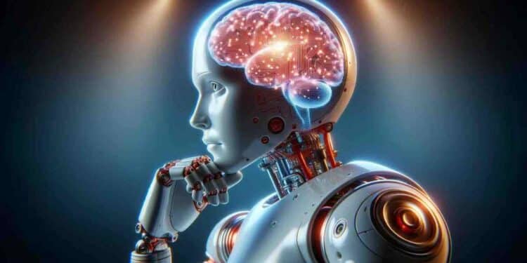 robot pensativo con cerebro digital iluminado que representa la respuesta de la inteligencia artificial autoconsciente.