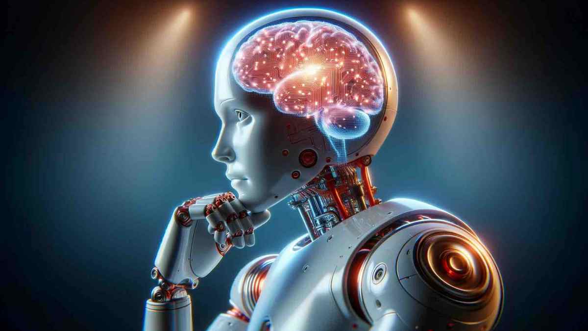 robot pensativo con cerebro digital iluminado que representa la respuesta de la inteligencia artificial autoconsciente.