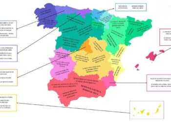 Mapa de España con refranes regionales, reflejando la rivalidad entre las comunidades autónomas, incluyendo uno polémico sobre Madrid.