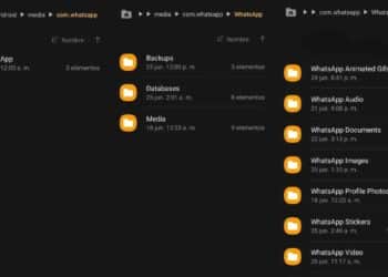 Gestor de archivos Android mostrando la carpeta Media de WhatsApp con subcarpetas de audios, imágenes y documentos.