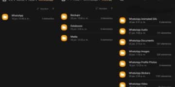 Gestor de archivos Android mostrando la carpeta Media de WhatsApp con subcarpetas de audios, imágenes y documentos.