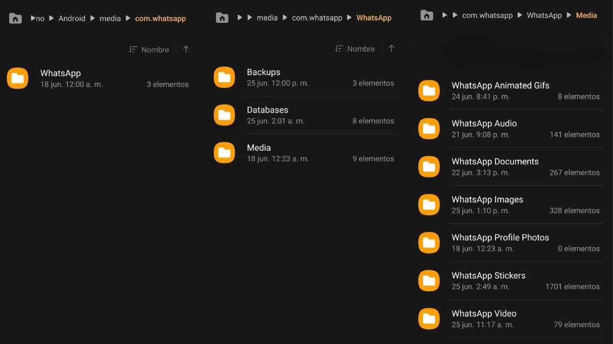 Gestor de archivos Android mostrando la carpeta Media de WhatsApp con subcarpetas de audios, imágenes y documentos.
