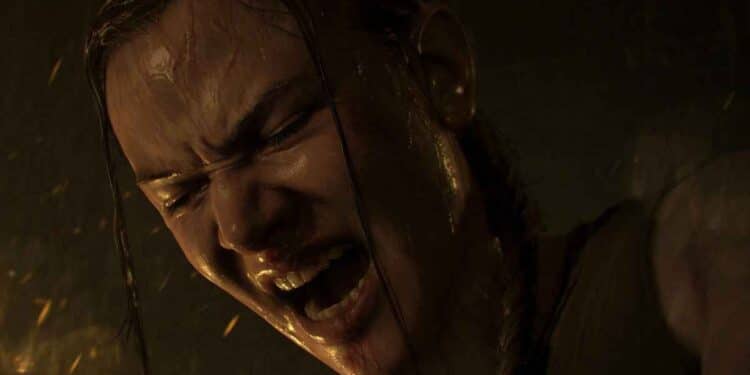 Abby gritando en una escena de The Last of Us Part II, mostrando una expresión de dolor o angustia.