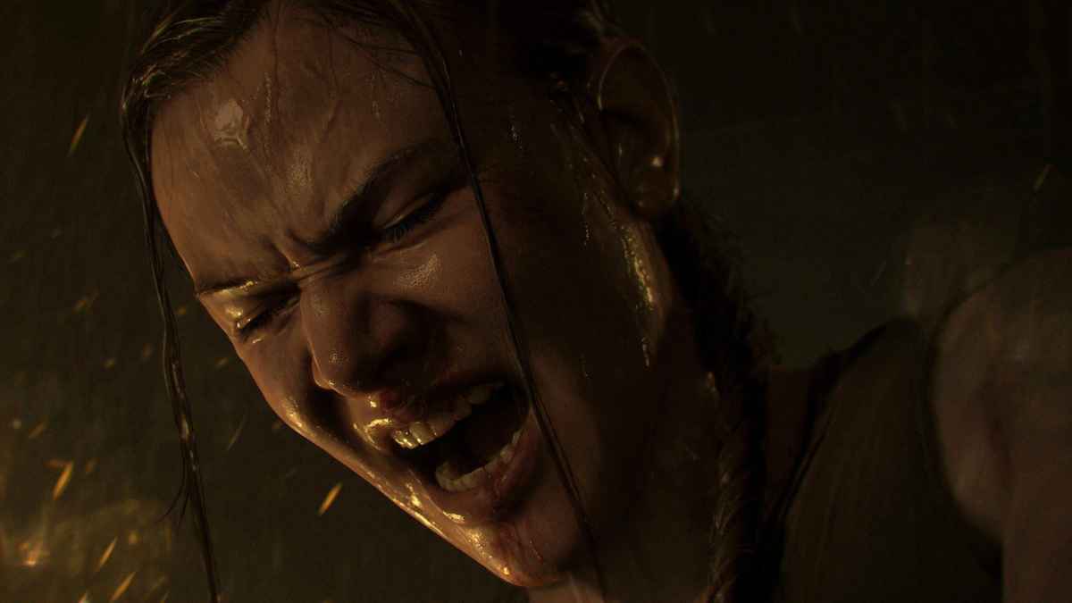 Abby gritando en una escena de The Last of Us Part II, mostrando una expresión de dolor o angustia.