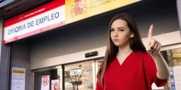 Mujer ante oficina de empleo señalando rechazo a oferta laboral o curso, subsidio SEPE.