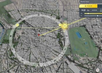 Mapa 3D de Shadowmap mostrando zonas de sombra y trayectoria solar en el centro de Madrid a las 09:01 horas.