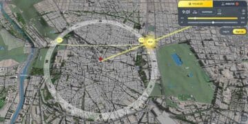 Mapa 3D de Shadowmap mostrando zonas de sombra y trayectoria solar en el centro de Madrid a las 09:01 horas.