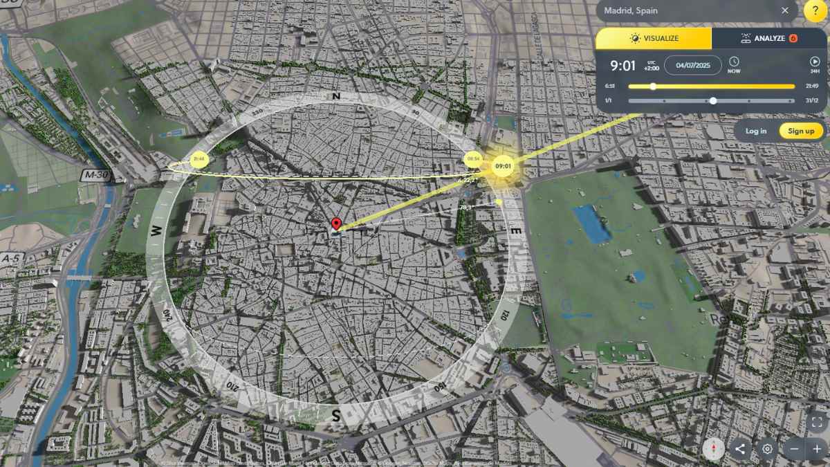 Mapa 3D de Shadowmap mostrando zonas de sombra y trayectoria solar en el centro de Madrid a las 09:01 horas.