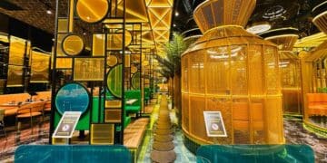Interior de Sushi Mood en Torrejón, con cabañas sobre un lago artificial y un diseño inspirado en el bosque japonés.