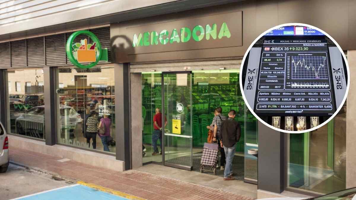fachada mercadona con gráfico bursátil – timo de falsas acciones en redes sociales.
