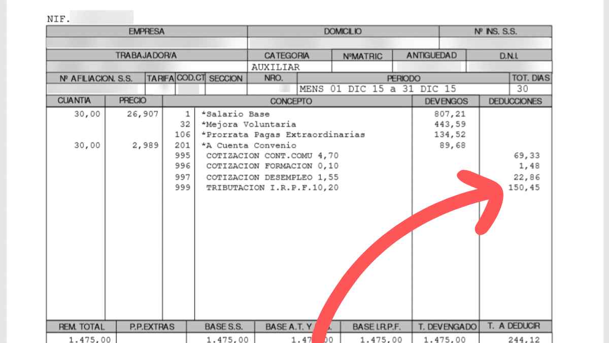Ejemplo de nómina con deducciones de IRPF tras cambios del BOE.