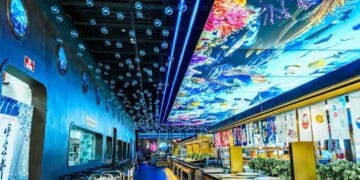 Buffet libre Pacífico en Alcorcón con decoración marina y más de 200 platos de marisco, sushi y parrilla.
