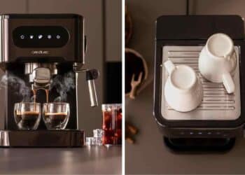 Cafetera Cecotec Power Espresso 20 ColdBrew preparando dos cafés en cocina moderna.