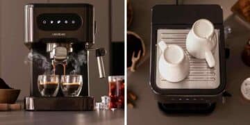 Cafetera Cecotec Power Espresso 20 ColdBrew preparando dos cafés en cocina moderna.