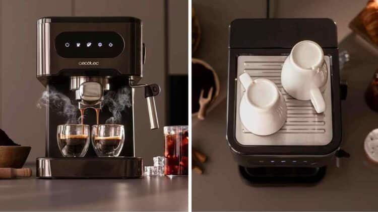 Cafetera Cecotec Power Espresso 20 ColdBrew preparando dos cafés en cocina moderna.