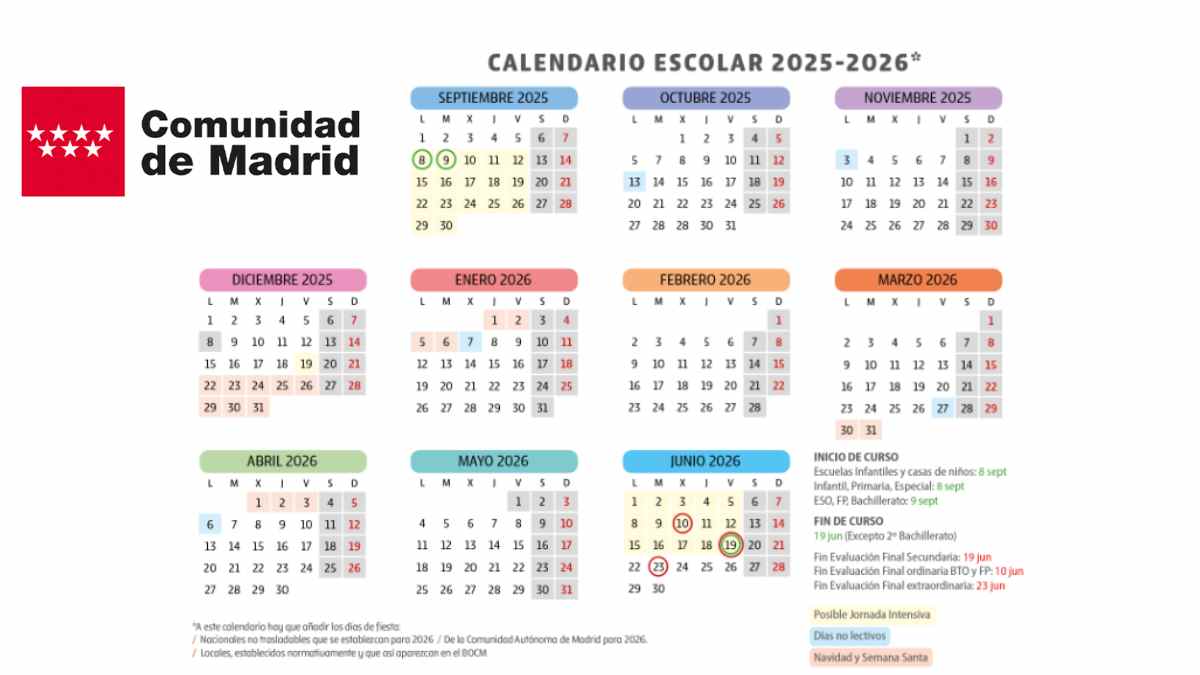 Calendario escolar Madrid 2025-2026 con inicio de clases, festivos y vacaciones.