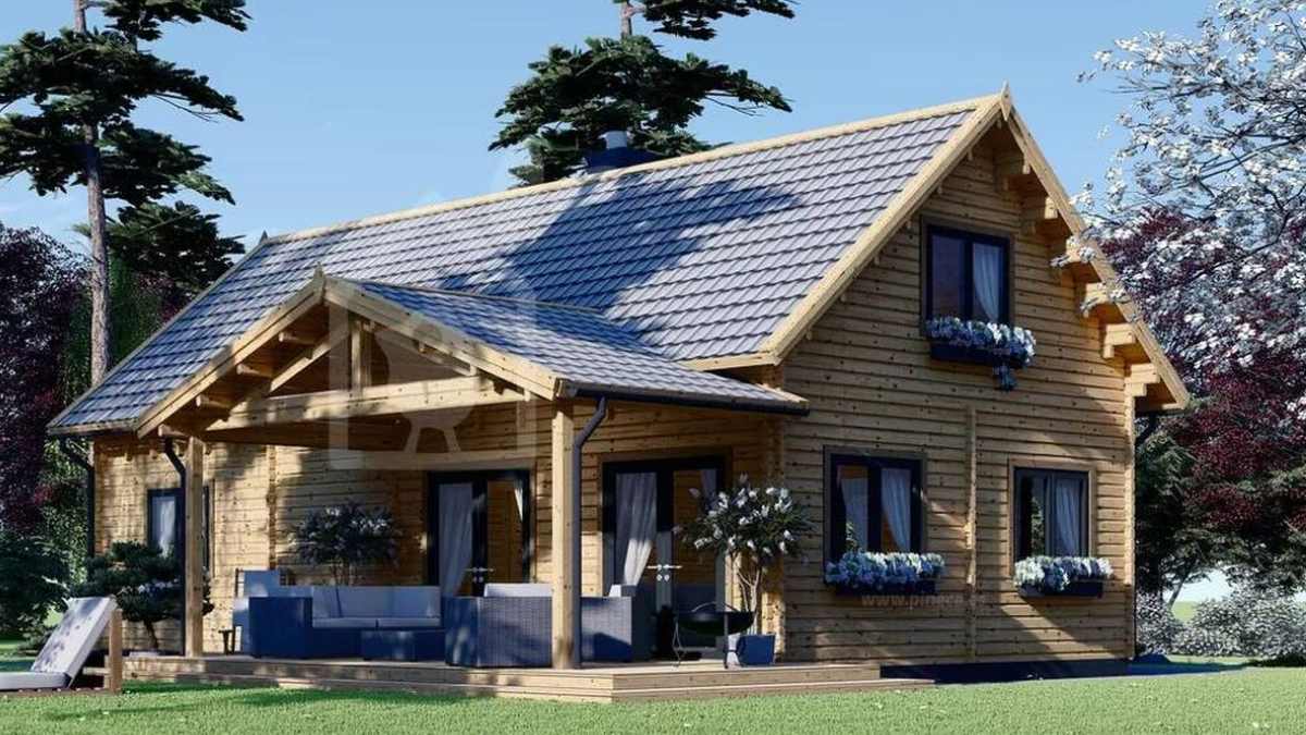 casa prefabricada de madera con porche, terraza y cinco dormitorios modelo VERA.