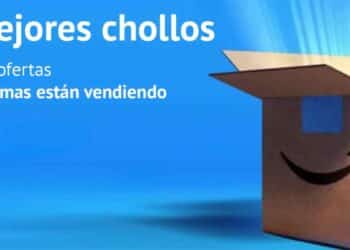 caja amazon con texto mejores chollos y descuentos del 65 % en productos tecnologicos y de moda.
