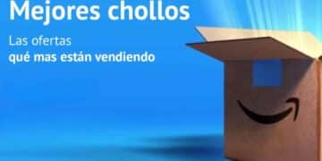 caja amazon con texto mejores chollos y descuentos del 65 % en productos tecnologicos y de moda.