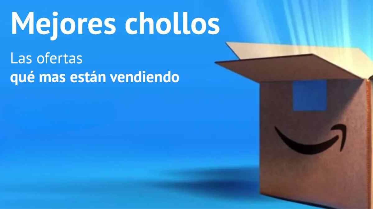 caja amazon con texto mejores chollos y descuentos del 65 % en productos tecnologicos y de moda.