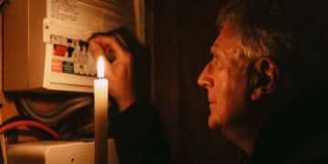 Hombre con vela durante corte de luz en Madrid por mantenimiento eléctrico agosto 2025.