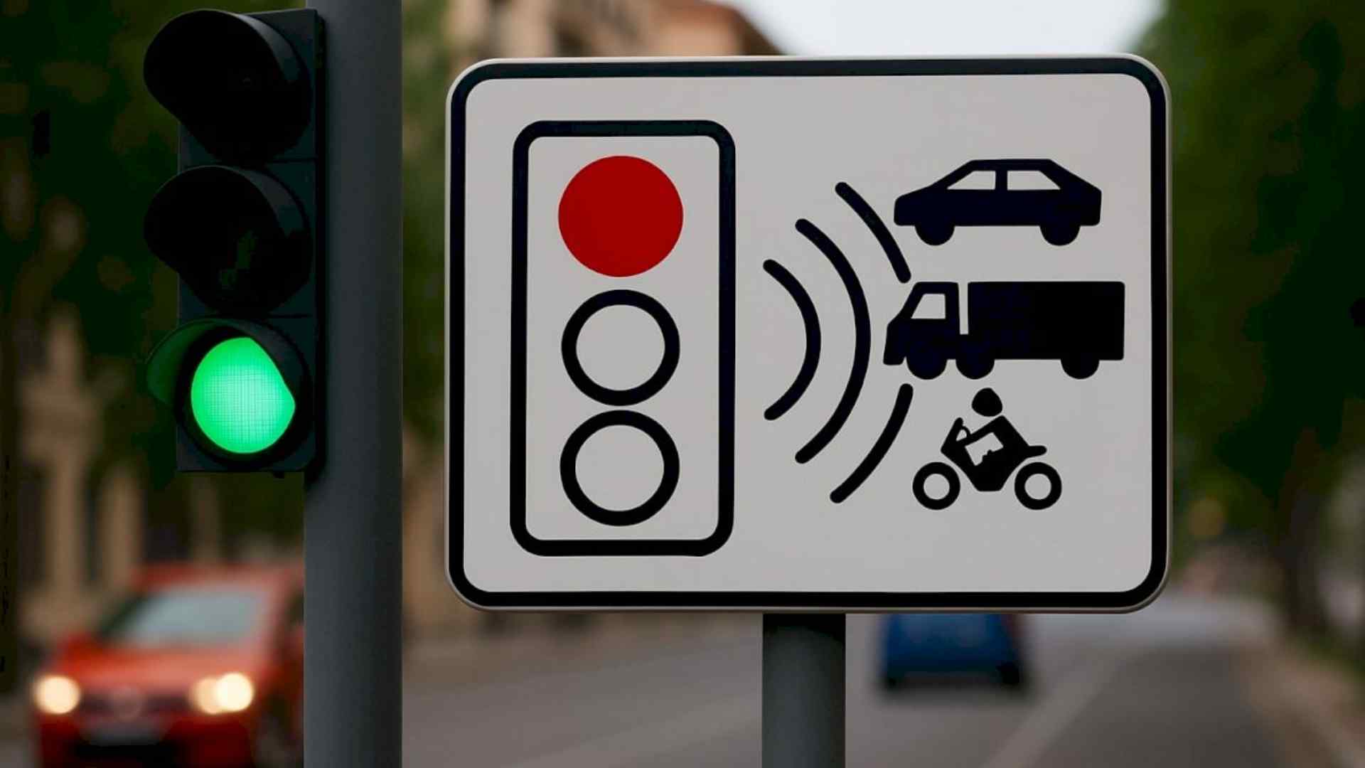 Señal S-991c que avisa de cámaras en semáforos para multar por pasar en rojo.