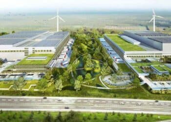 Vista aérea del futuro Ergon Logistic Park A-42 en Torrejón de Velasco, megaparque logístico-tecnológico con zonas verdes y naves sostenibles.