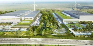 Vista aérea del futuro Ergon Logistic Park A-42 en Torrejón de Velasco, megaparque logístico-tecnológico con zonas verdes y naves sostenibles.