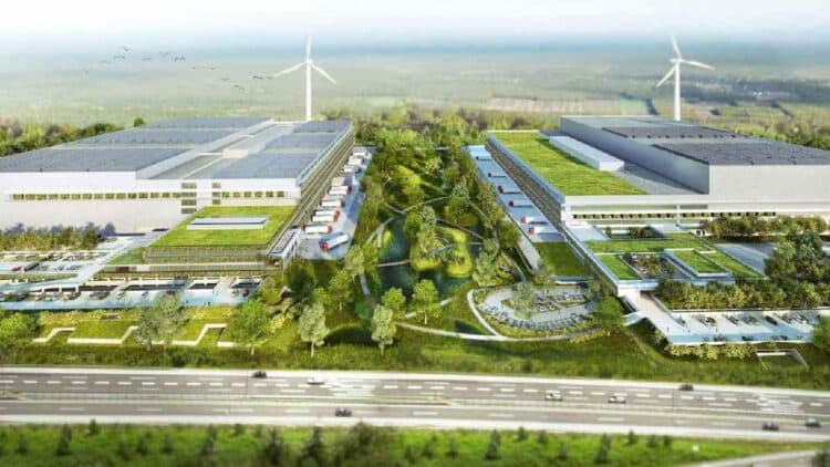 Vista aérea del futuro Ergon Logistic Park A-42 en Torrejón de Velasco, megaparque logístico-tecnológico con zonas verdes y naves sostenibles.
