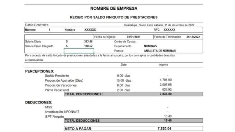 recibo finiquito prestaciones estatuto trabajadores descuento preaviso.