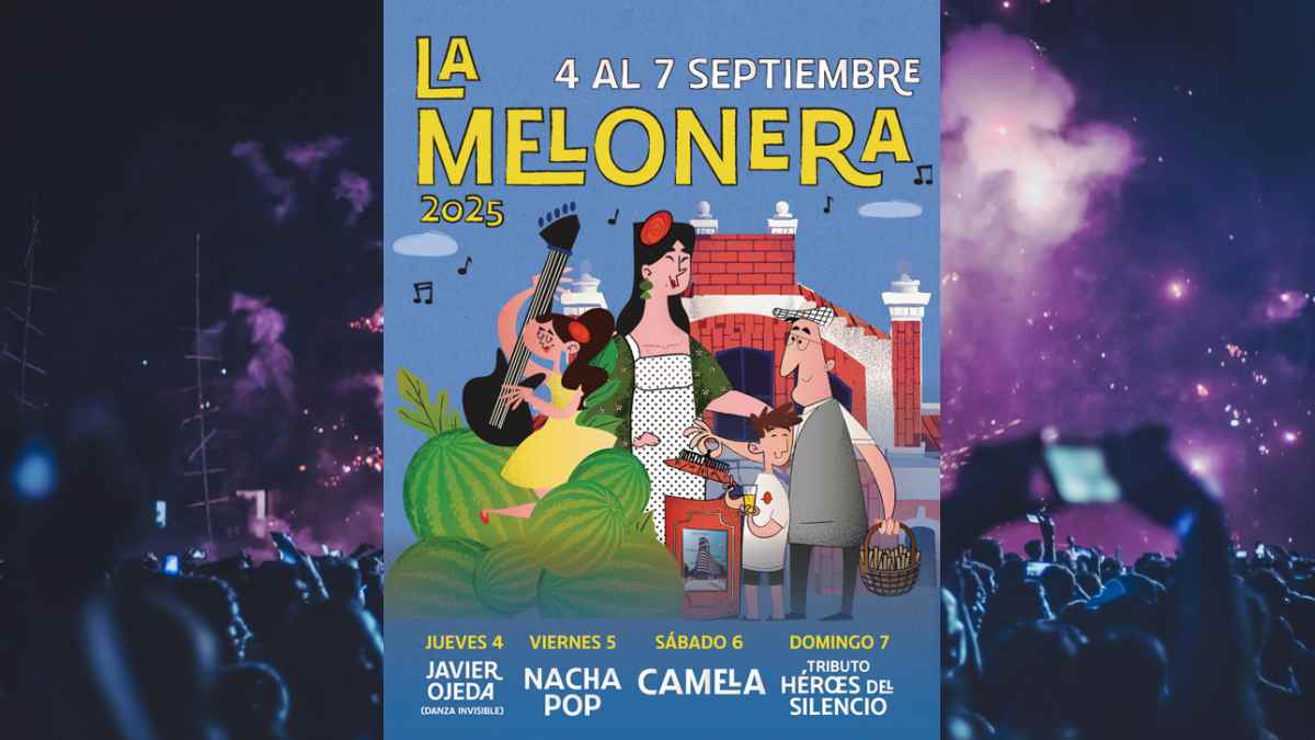 Cartel oficial Fiestas de La Melonera 2025 en Arganzuela con fechas y conciertos principales.