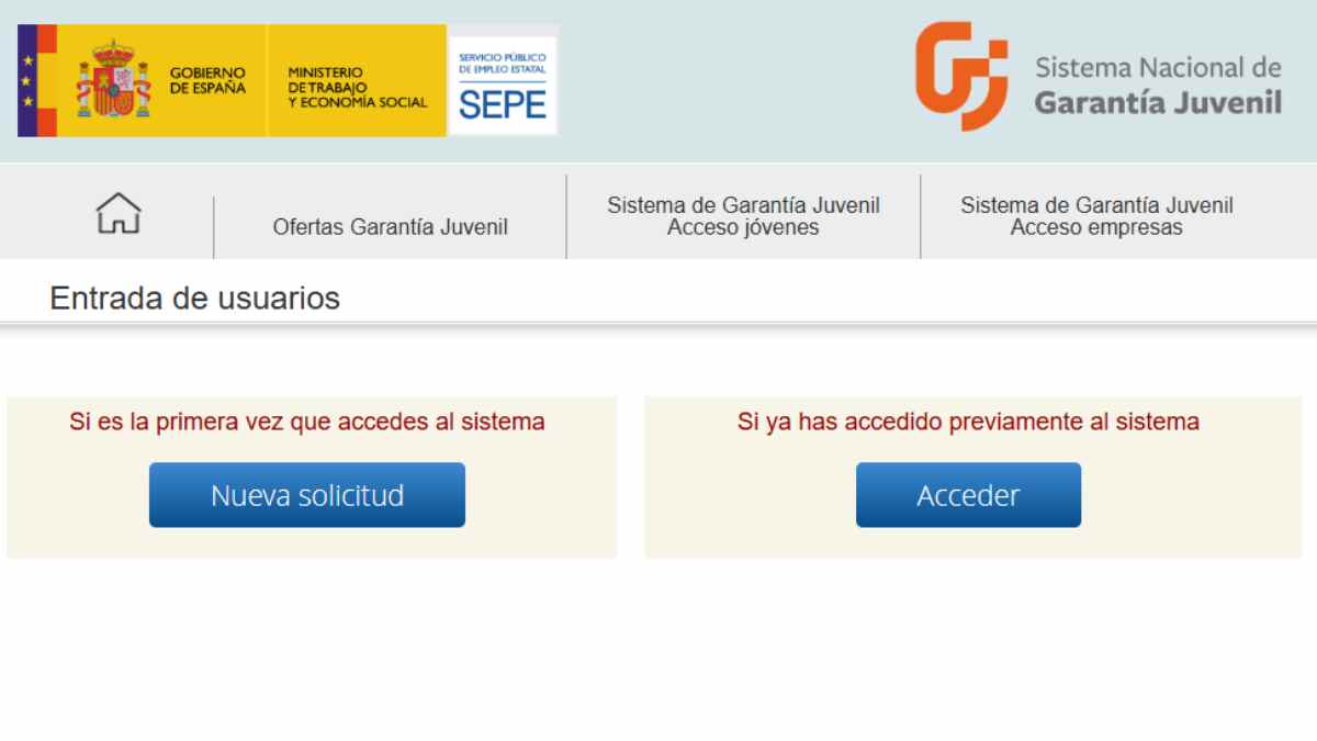 Acceso al sistema de garantía juvenil del SEPE para jóvenes desempleados.