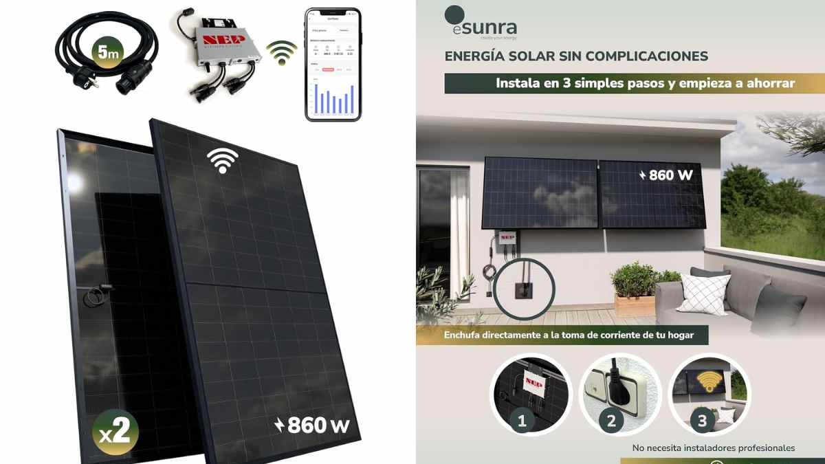 Kit solar de balcón ESUNRA 800W plug and play con dos paneles bifaciales y microinversor NEP.