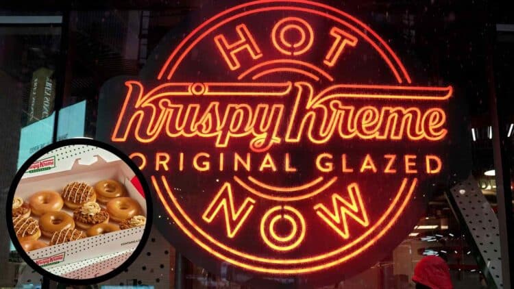 Letrero Hot Now de Krispy Kreme y caja de dónuts glaseados en Madrid.