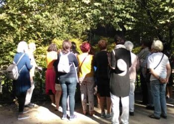 Grupo de personas en ruta guiada gratuita del programa Entreparques por parques de Madrid en verano.