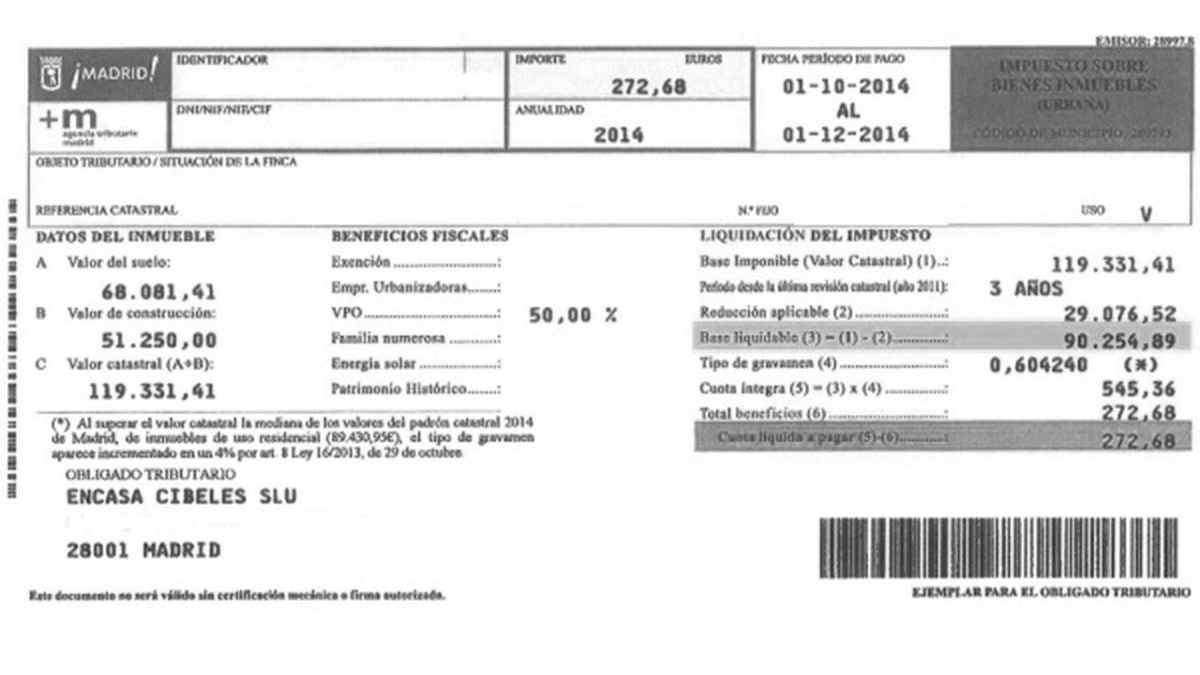 Recibo del IBI en Madrid ejemplo para pago por Bizum en web municipal.