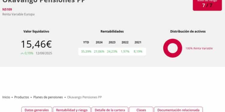 Rentabilidad del plan de pensiones Okavango PP líder en 2025 con un 35,39%.