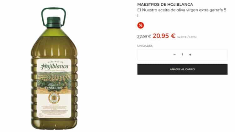 Aceite de oliva virgen extra Maestros de Hojiblanca en oferta El Corte Inglés garrafa 5 litros 20,95 euros.