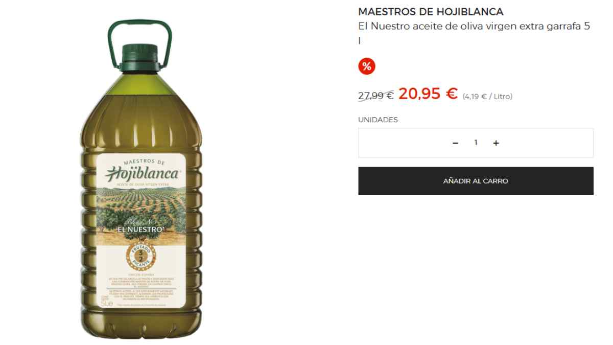 Aceite de oliva virgen extra Maestros de Hojiblanca en oferta El Corte Inglés garrafa 5 litros 20,95 euros.